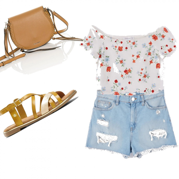 Outfit donna - In giro per il mondo. Stile Basic per Tutti i giorni. Abbinamento con bermuda, t-shirt, shorts, borse a tracolla.