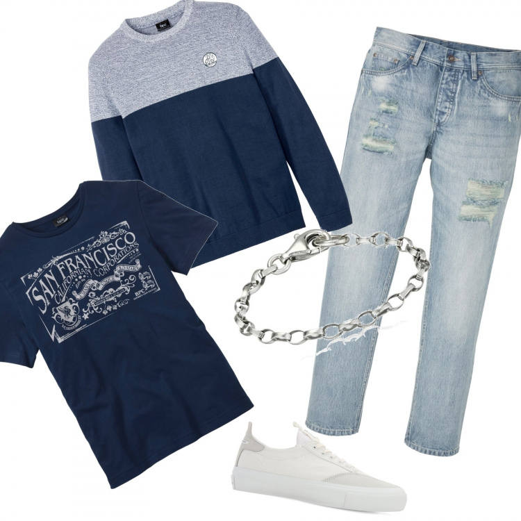 Outfit uomo - Blue boy. Stile Urban per Tutti i giorni. Abbinamento con t-shirt sportive, t-shirt, jeans dritti, sneakers, braccialetti.