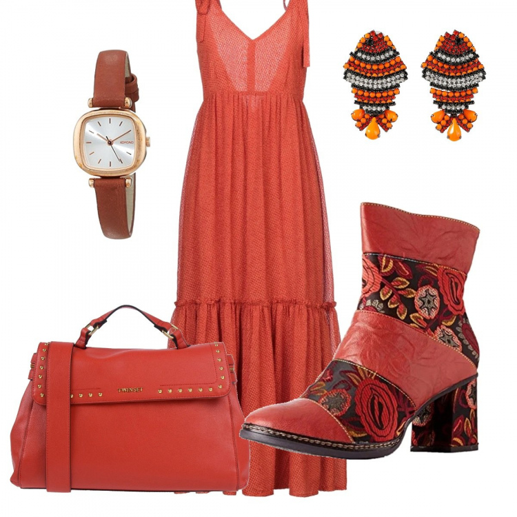 Outfit donna - A tutto arancio. Stile Trendy per Tutti i giorni. Abbinamento con vestiti lunghi, borse a mano, orecchini, stivaletti, orologi.