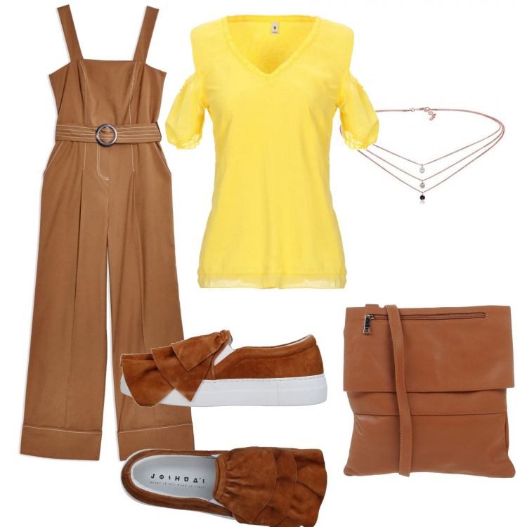 Outfit donna - Salopette retourn. Stile Trendy per Tutti i giorni. Abbinamento con tute, t-shirt, sneakers, borse messenger, collane.