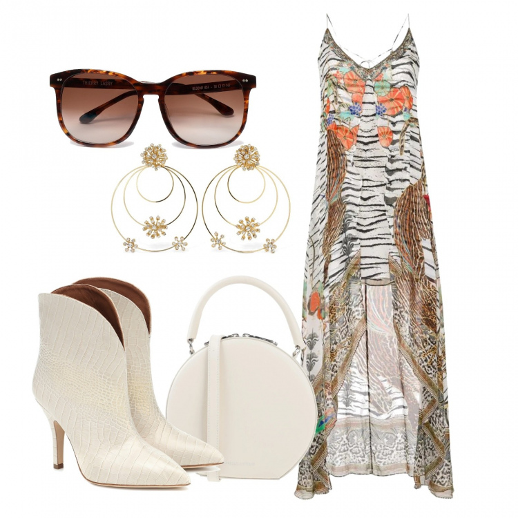 Outfit donna - Stivaletti estivi e maxi dress. Stile Trendy per Tutti i giorni. Abbinamento con borse a mano, occhiali da sole, vestiti asimmetrici, stivaletti, orecchini.