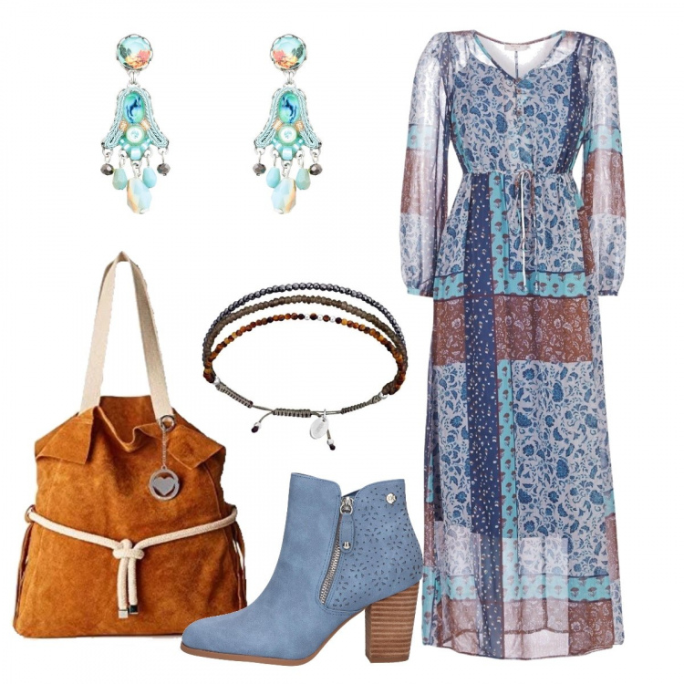 Outfit donna - Stivaletti estivi+maxi dress. Stile Etnico per Tutti i giorni. Abbinamento con orecchini, vestiti lunghi, stivaletti, braccialetti, borse a spalla.