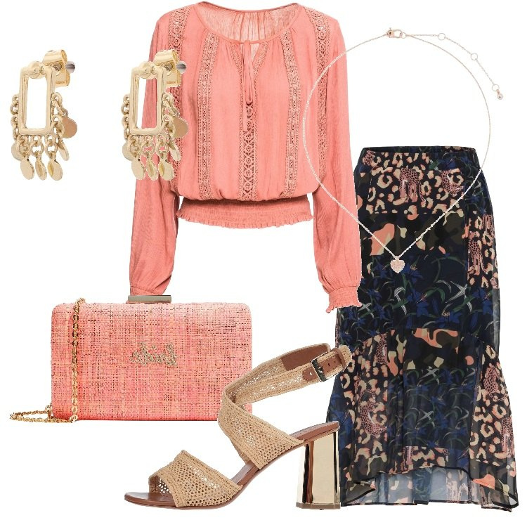 Outfit donna - Trend dettagli in paglia. Stile Etnico per Serata fuori. Abbinamento con gonne lunghe, bluse, sandali col tacco, borse a mano, orecchini, ciondoli.