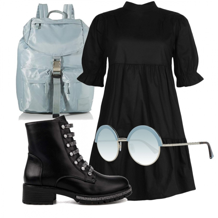 Outfit donna - Pronti via!. Stile Trendy per Tutti i giorni. Abbinamento con vestiti, anfibi, zaini, occhiali da sole.