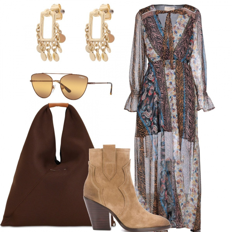 Outfit donna - Trasparenze e texane. Stile Trendy per Tutti i giorni. Abbinamento con vestiti lunghi, orecchini, occhiali da sole, stivali, shopping bag.