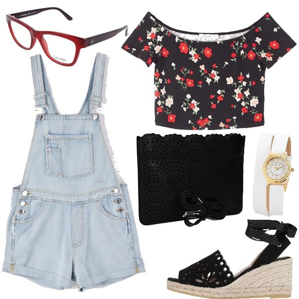 Outfit donna - Salopette e T-shirt colorata. Stile Basic per Tutti i giorni. Abbinamento con sandali col tacco, t-shirt, salopette, pochette, orologi, occhiali.