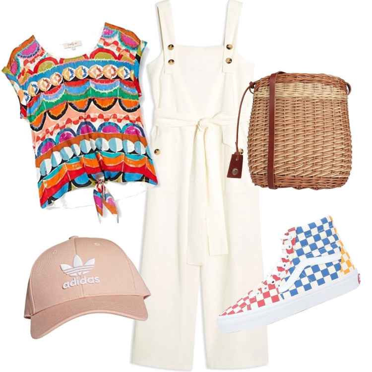 Outfit donna - Giovani e colorate in salopette. Stile Trendy per Scuola/Università. Abbinamento con tute, borse a spalla, sneakers alte, bluse, cappelli.