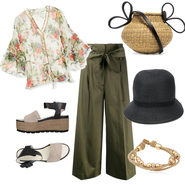 Outfit donna - ..e paglia sia!. Stile Trendy per Tutti i giorni. Abbinamento con sandali col tacco, pantaloni a palazzo, borse a spalla, cappelli, t-shirt, braccialetti.