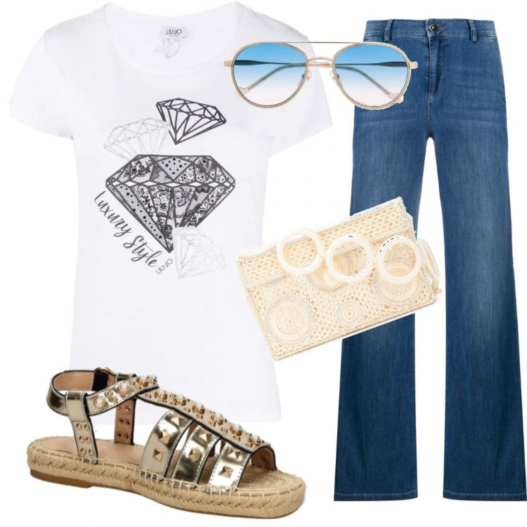 Outfit donna - Borsetta in rafia. Stile Trendy per Tutti i giorni. Abbinamento con espadrillas, jeans, t-shirt, clutch, occhiali da sole.