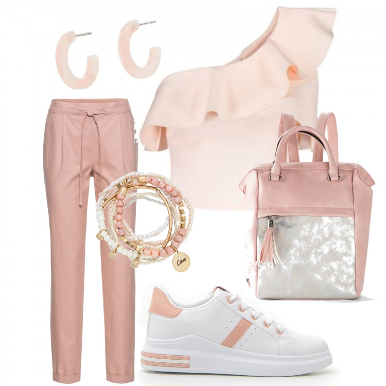 Outfit donna - Trendy #53112. Stile Trendy per Tutti i giorni. Abbinamento con pantaloni, braccialetti, reggiseni, orecchini, sneakers, top.
