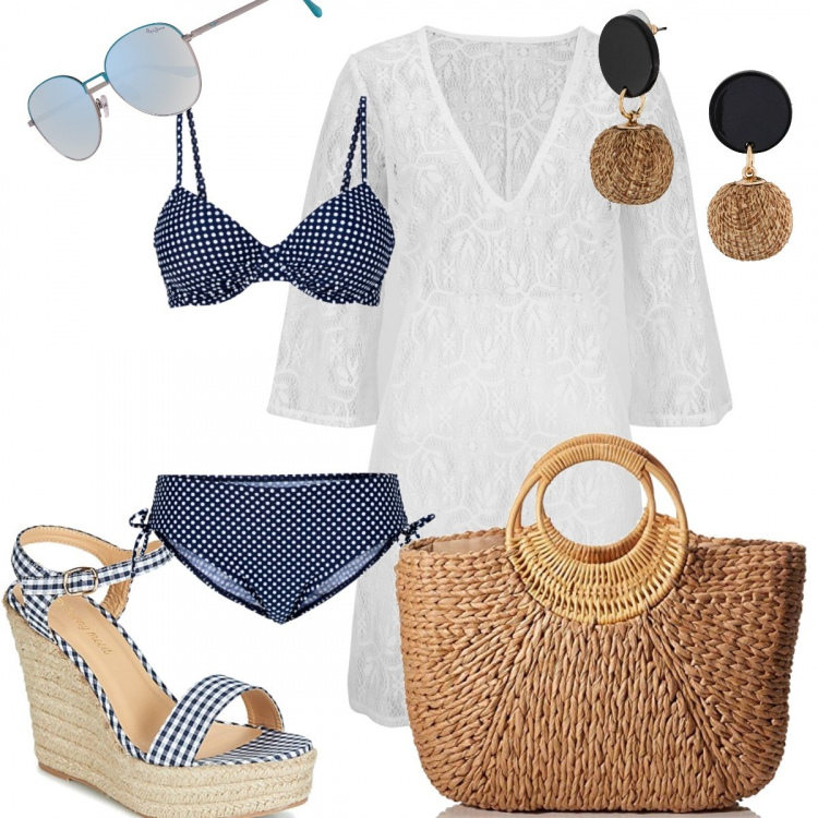 Outfit donna - Marzamemi. Stile Trendy per Mare. Abbinamento con orecchini, vestiti da spiaggia, bikini, sandali, borse a cartella, occhiali da sole.