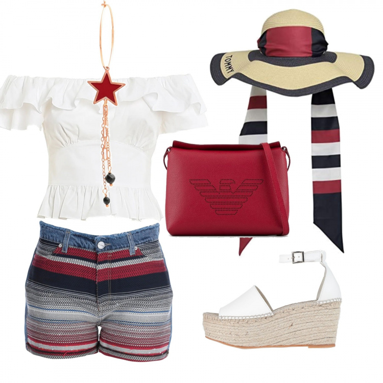 Outfit donna - Le righe colorate. Stile Trendy per Mare. Abbinamento con shorts, orecchini, sandali col tacco, top, cappelli, borse a spalla.