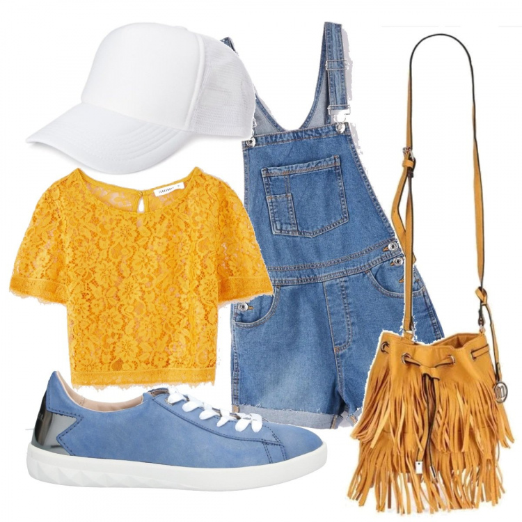 Outfit donna - Estate. Stile Trendy per Tutti i giorni. Abbinamento con sneakers, borse a spalla, t-shirt, salopette, cappelli con visiera.
