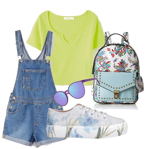 Outfit donna - Salopette. Stile Basic per Tutti i giorni. Abbinamento con sneakers, salopette, top, zaini, occhiali da sole.