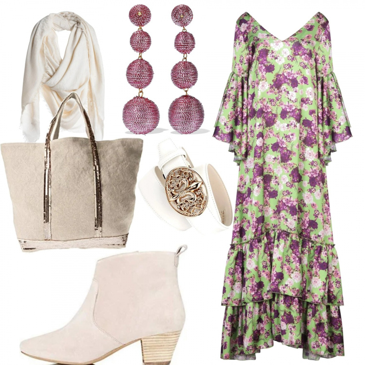 Outfit femme - Une maxi robe et des bottines estivales. Style Tendance pour Tous les jours. Assortir avec robes longues, bottines texanes, boucles d'oreilles, sac cabas, ceintures, foulards.