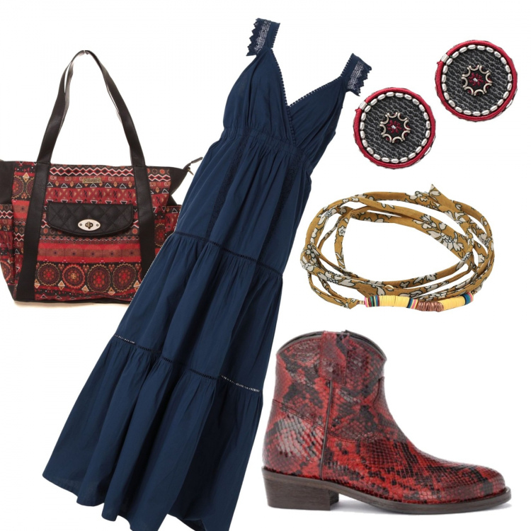 Outfit mujer - Étnico #5104. Estilo Étnico para Todos los días. Combinación con botas cowboy, bolso shopper, vestidos largos, pulseras, pendientes.