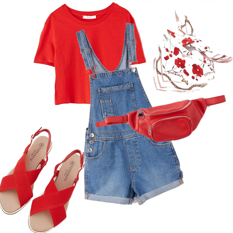 Outfit donna - Terranova style. Stile Basic per Tutti i giorni. Abbinamento con sandali, foulard, salopette, marsupi, t-shirt.