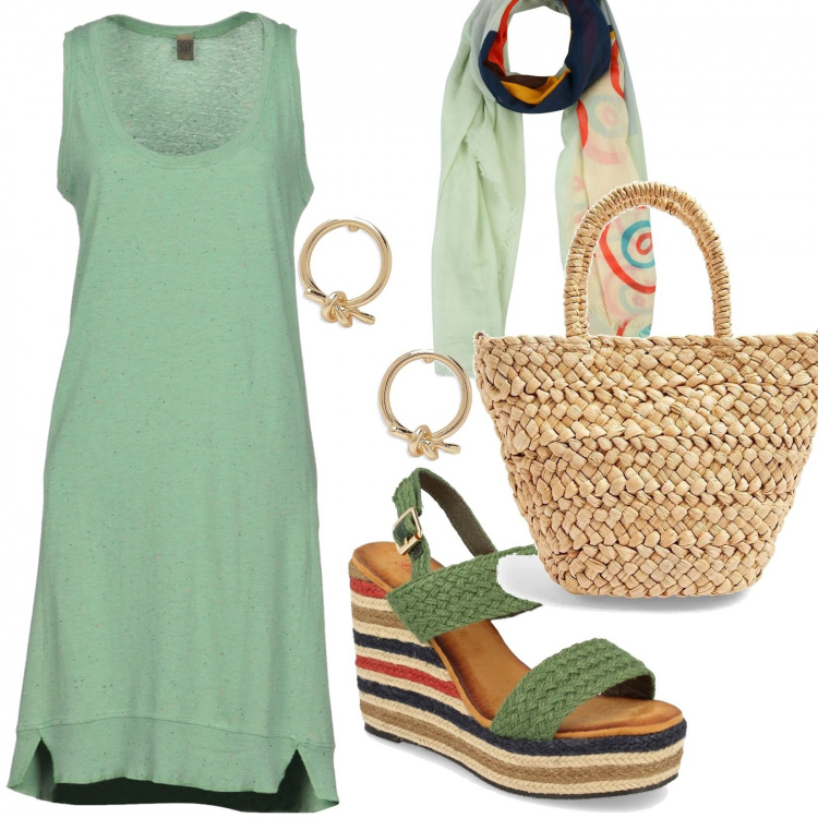 Outfit mujer - Étnico #5106. Estilo Étnico para Todos los días. Combinación con sandalias, vestidos cortos, bolsos de mano, pendientes, chales.