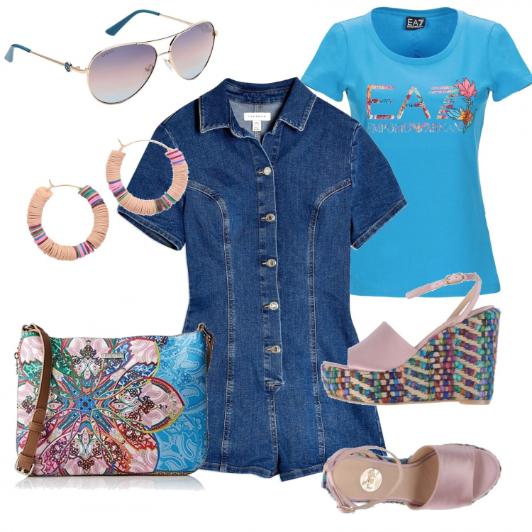 Outfit donna - Forever Young. Stile Basic per Tutti i giorni. Abbinamento con sandali col tacco, t-shirt, tute, orecchini, occhiali da sole, borse a tracolla.
