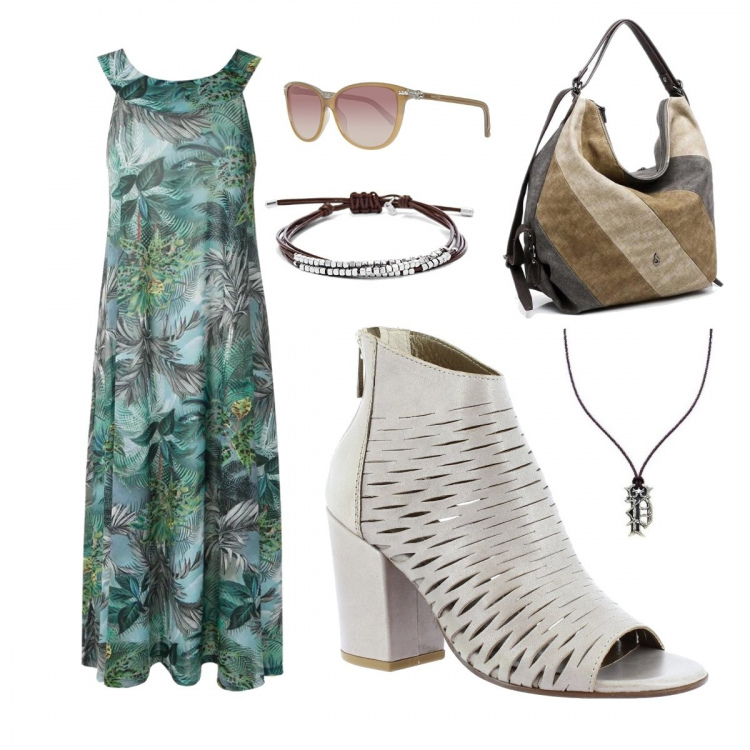 Outfit mujer - Étnico #5114. Estilo Étnico para Todos los días. Combinación con colgantes, gafas de sol, pulseras, mochilas, botines, vestidos largos.
