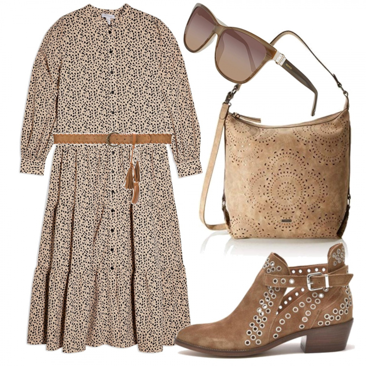 Outfit mujer - Étnico #5116. Estilo Étnico para Todos los días. Combinación con bolso shopper, gafas de sol, botines, vestidos largos, cinturones.