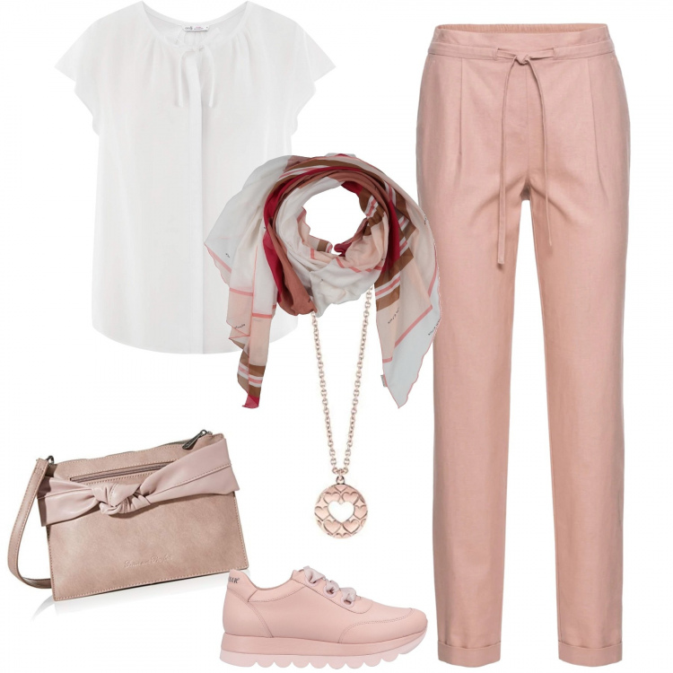 Outfit donna - Perfetta in low-cost. Stile Basic per Tutti i giorni. Abbinamento con pantaloni, sneakers, stole, camicie a manica corta, pochette, collane.