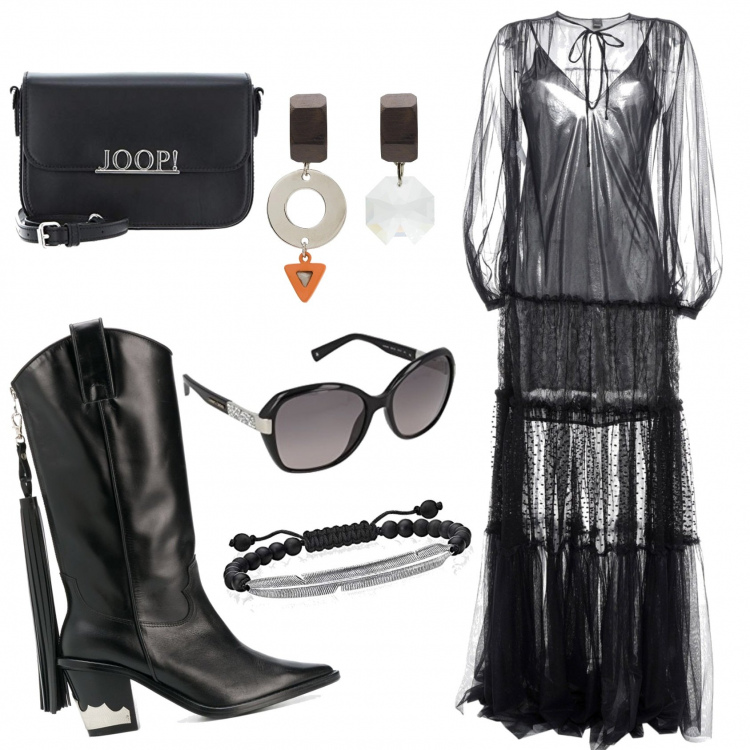 Outfit mujer - Chic #28341. Estilo Chic para Noche/Fiesta elegante. Combinación con gafas de sol, bolsos de hombro, pulseras, vestidos largos, botas cowboy, pendientes.