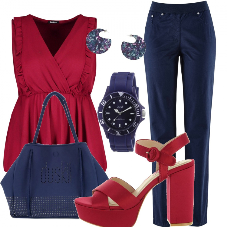 Outfit donna - Eleganti ma comode. Stile Trendy per Ufficio. Abbinamento con pantaloni sportivi, top, borse tote, sandali, orecchini, orologi.