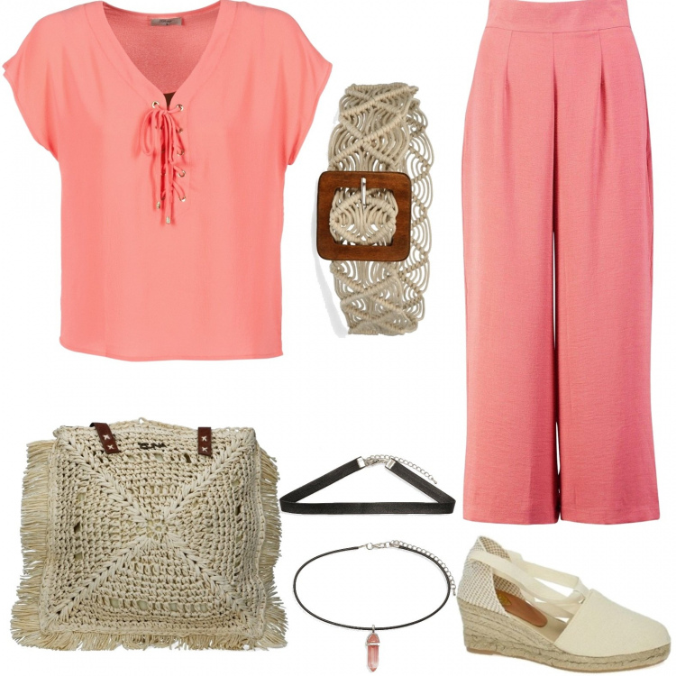 Outfit mujer - Living summer. Estilo Étnico para Todos los días. Combinación con cinturones, bolsos de hombro, espadrillas, blusas, braga culotte, collares.