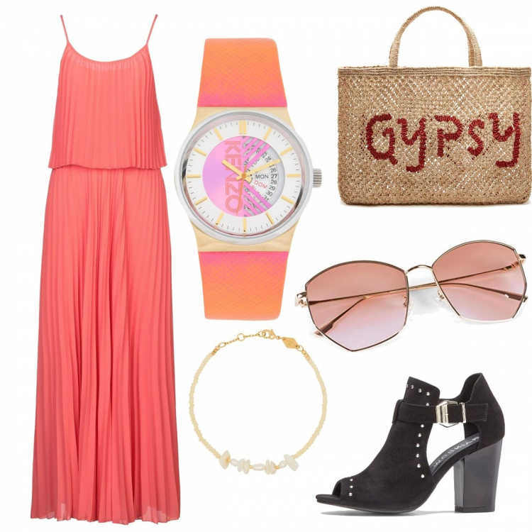 Outfit femme - Corail summer. Style Tendance pour Tous les jours. Assortir avec bottines, robes longues, lunettes de soleil, bracelets, sac cabas, montres.