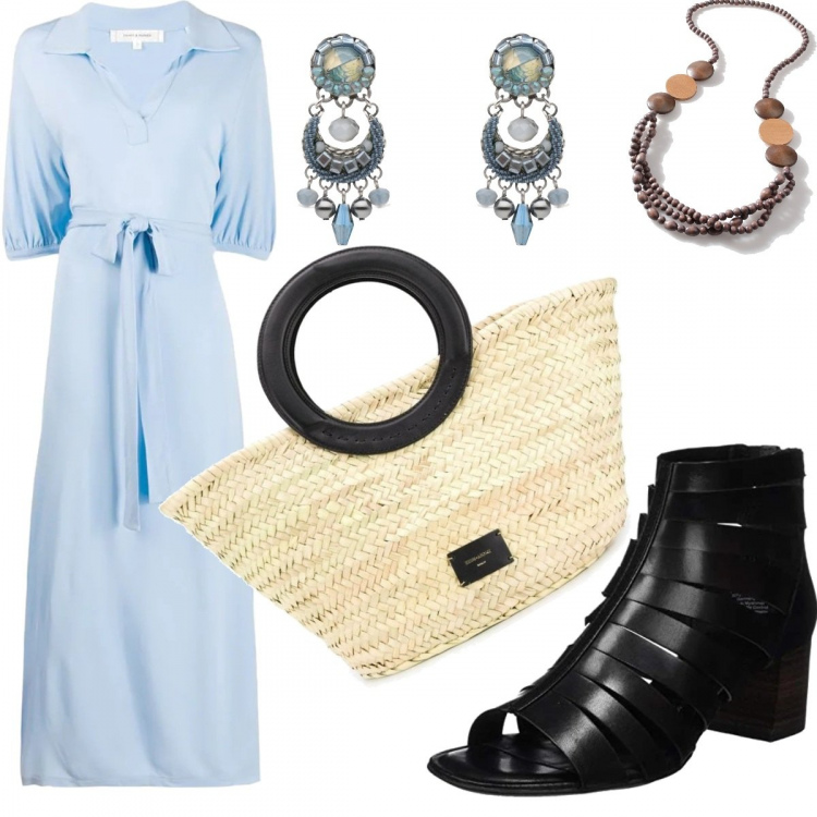 Outfit femme - Shopping en bord de mer. Style Tendance pour Tous les jours. Assortir avec robes longues, sandales, sac cabas, boucles d'oreilles, colliers.