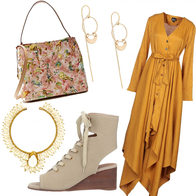Outfit femme - Belle en Bottines. Style Tendance pour Tous les jours. Assortir avec robes mi-longues/au genou, sacs à l'épaule, bottines, colliers, boucles d'oreilles.