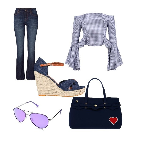 Outfit donna - Basic #3073. Stile Basic per Tutti i giorni. Abbinamento con jeans bootcut, sandali con zeppe e cinturino in pelle sintetica.