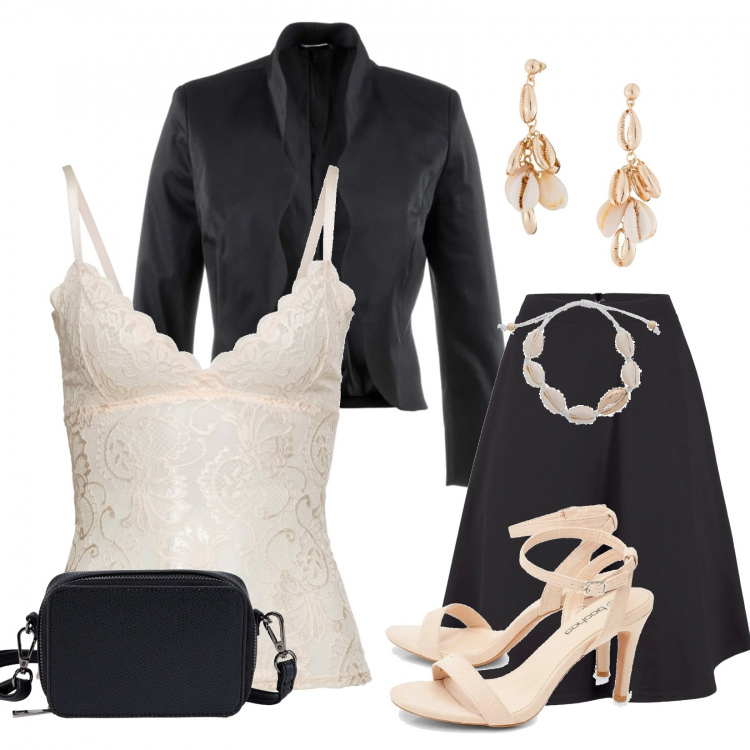 Outfit donna - Un top elegante. Stile Bon Ton per Cerimonia. Abbinamento con blazer, borse a tracolla, top, gonne, orecchini, scarpe col tacco.