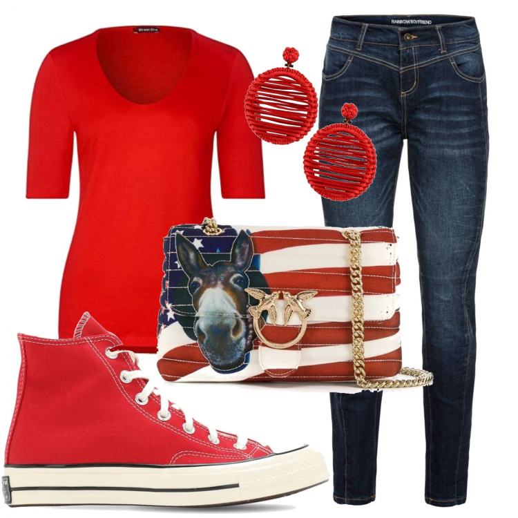 Outfit donna - Borsa speciale. Stile Urban per Scuola/Università. Abbinamento con jeans boyfriend, orecchini, borse a spalla, t-shirt, sneakers.
