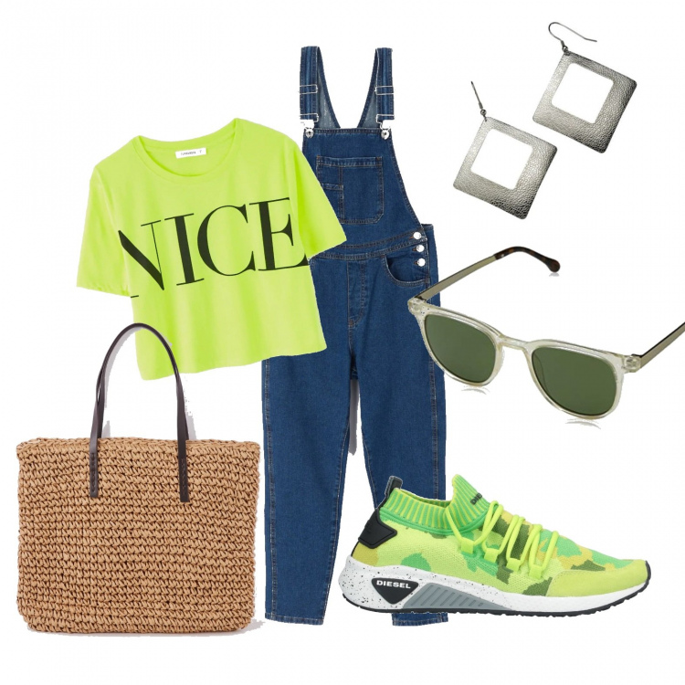 Outfit donna - Urban #19301. Stile Urban per Tutti i giorni. Abbinamento con sneakers, shopping bag, salopette, t-shirt, occhiali da sole, orecchini.
