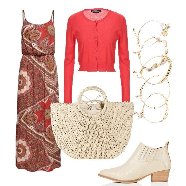 Outfit femme - Eté folk. Style Tendance pour Tous les jours. Assortir avec bracelets, robes, robes longues, gilets, bottines texanes.