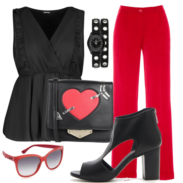 Outfit donna - Cuore. Stile Rock per Scuola/Università. Abbinamento con pantaloni, borse a spalla, top, stivaletti, orologi, occhiali da sole.