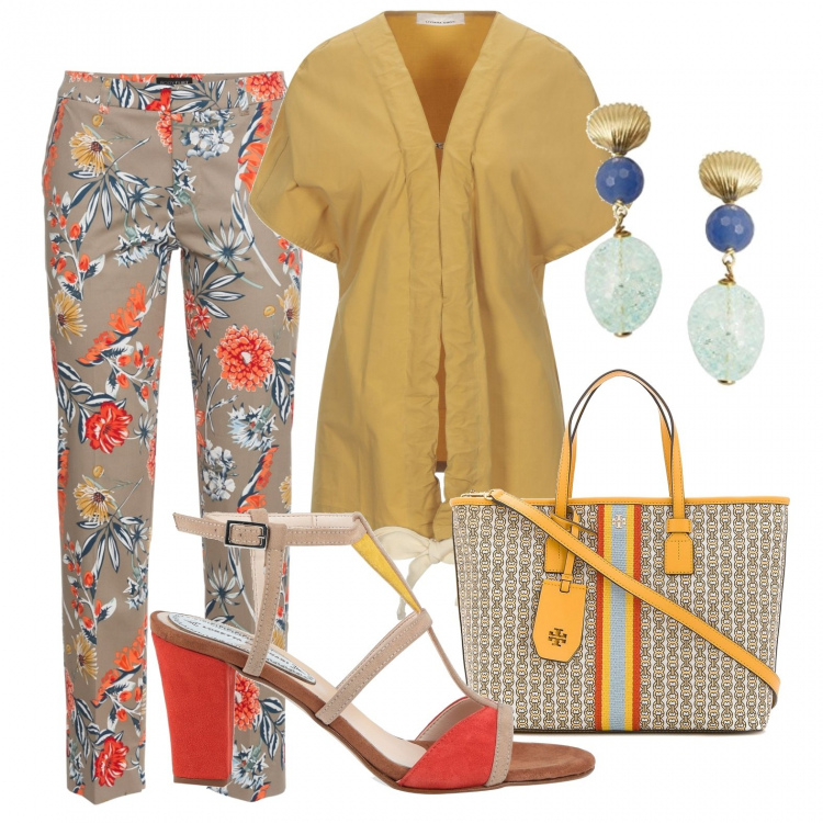 Outfit donna - Glam in ufficio. Stile Trendy per Ufficio. Abbinamento con pantaloni, sandali col tacco, camicie a manica corta, orecchini, shopping bag.