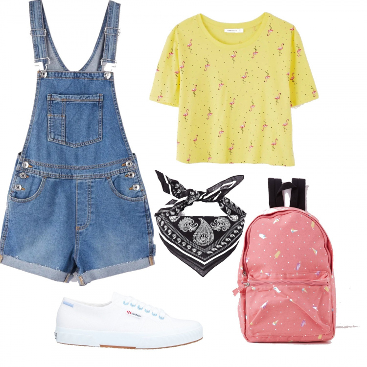 Outfit donna - Salopette e T-shirt. Stile Basic per Tutti i giorni. Abbinamento con sneakers, salopette, zaini, t-shirt, foulard.