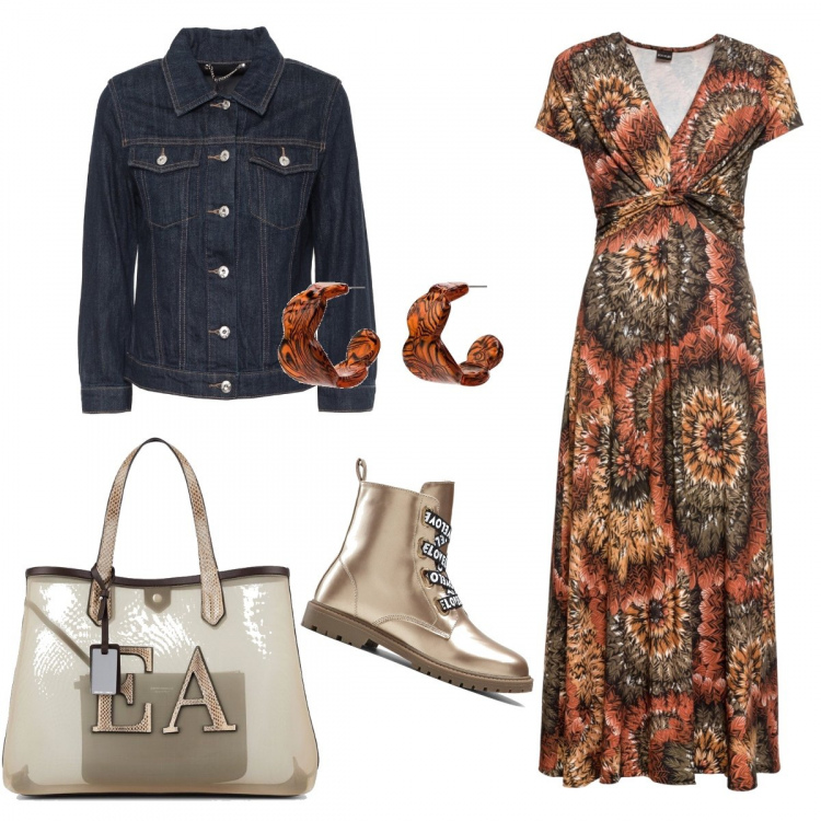Outfit donna - Trendy #53345. Stile Trendy per Tutti i giorni. Abbinamento con vestiti lunghi, stivaletti, orecchini, shopping bag, blazer.