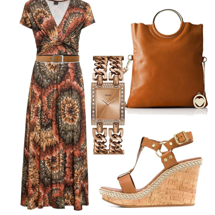 Outfit donna - Trendy #53371. Stile Trendy per Tutti i giorni. Abbinamento con vestiti lunghi, cinture, sandali, borse a spalla, orologi analogici.