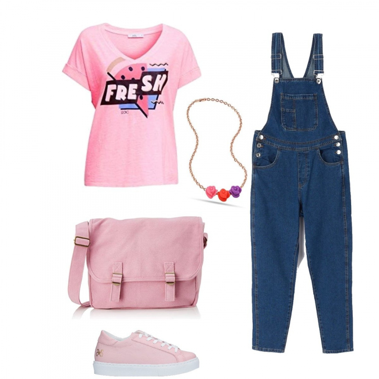 Outfit donna - Salopette e t-shirt. Stile Basic per Scuola/Università. Abbinamento con sneakers, salopette, ciondoli, borse a spalla, t-shirt.
