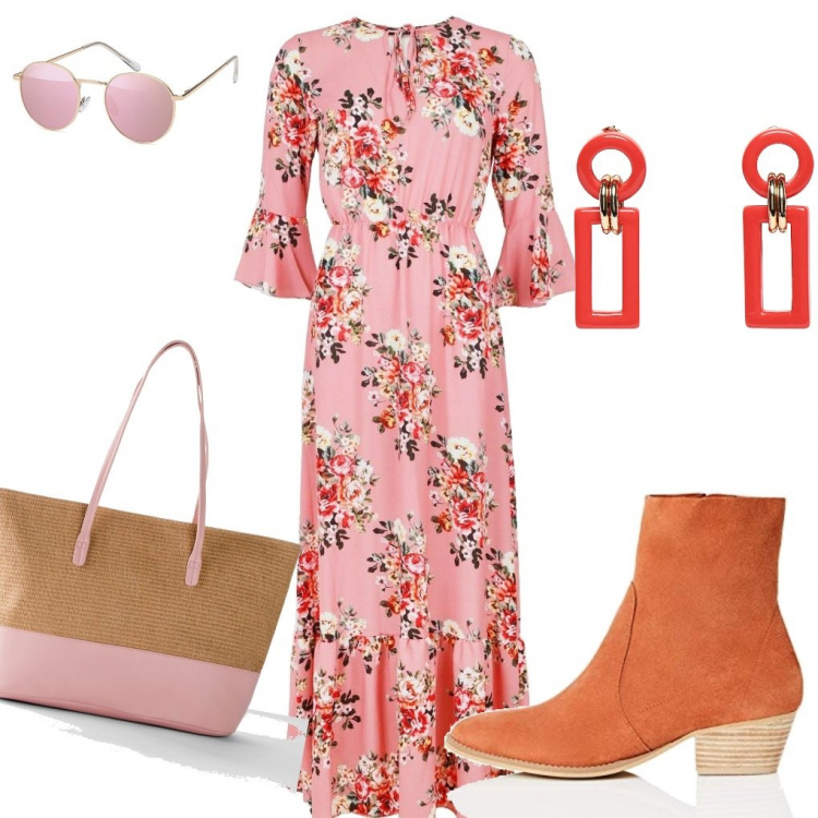 Outfit femme - Maxi robe et bottines. Style Ethnique pour Tous les jours. Assortir avec sac cabas, robes longues, bottines texanes, lunettes de soleil, boucles d'oreilles.