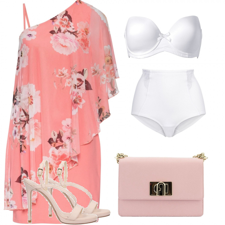 Outfit donna - Mediterranea. Stile Bon Ton per Cerimonia. Abbinamento con reggiseni, vestiti asimmetrici, culotte, sandali in pelle, borse a spalla.