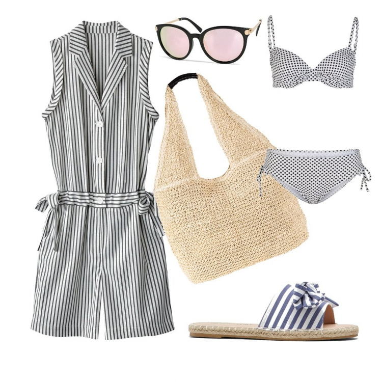Outfit femme - Raphia cordée. Style Tendance pour Plage. Assortir avec sandales, sac cabas, maillot de bain 2 pièces, combishort, lunettes de soleil.