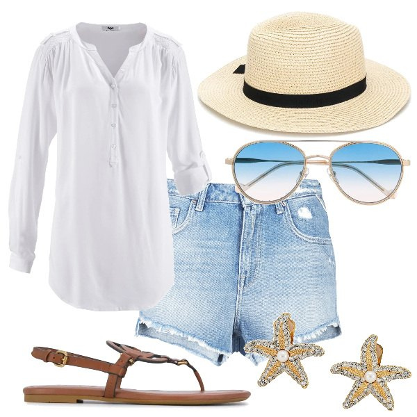 Outfit donna - Trendy #53567. Stile Trendy per Mare. Abbinamento con tuniche, orecchini, shorts, sandali, occhiali da sole, cappelli.