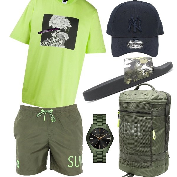 Outfit uomo - Total look #668068. Abbinamento con sandali, t-shirt, borse sportive, costumi, orologi, cappelli.