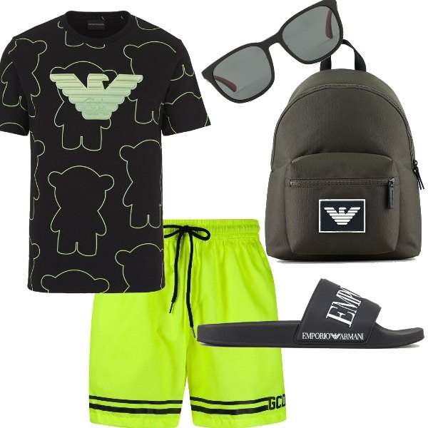 Outfit uomo - Total look #668074. Abbinamento con costumi, occhiali da sole, sandali, borse sportive, t-shirt.
