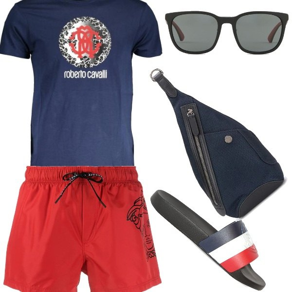 Outfit uomo - Total look #668099. Abbinamento con borse sportive, costumi, occhiali da sole, sandali, t-shirt.